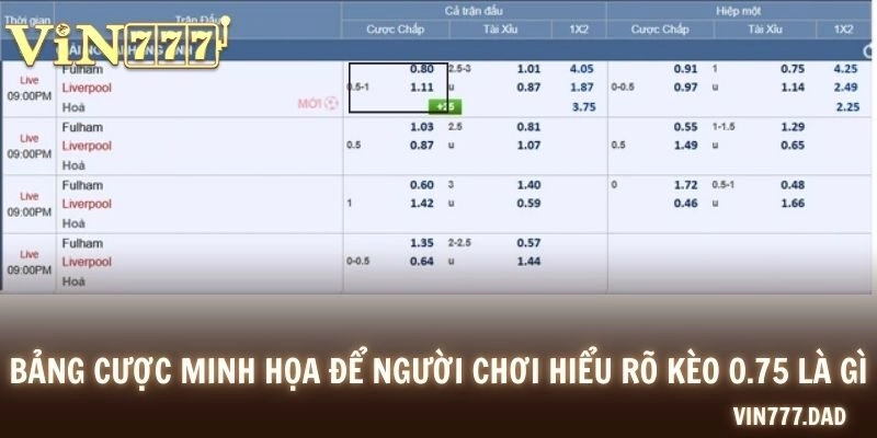 Bảng cược minh họa để người chơi hiểu rõ kèo 0.75 là gì