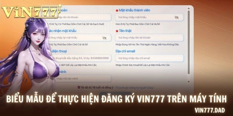 Biểu mẫu để thực hiện đăng ký VIN777 trên máy tính